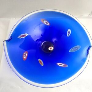 Vintage Cobalt Blue Glass Large wave edge Bowl Millefiori Italian Art Glass